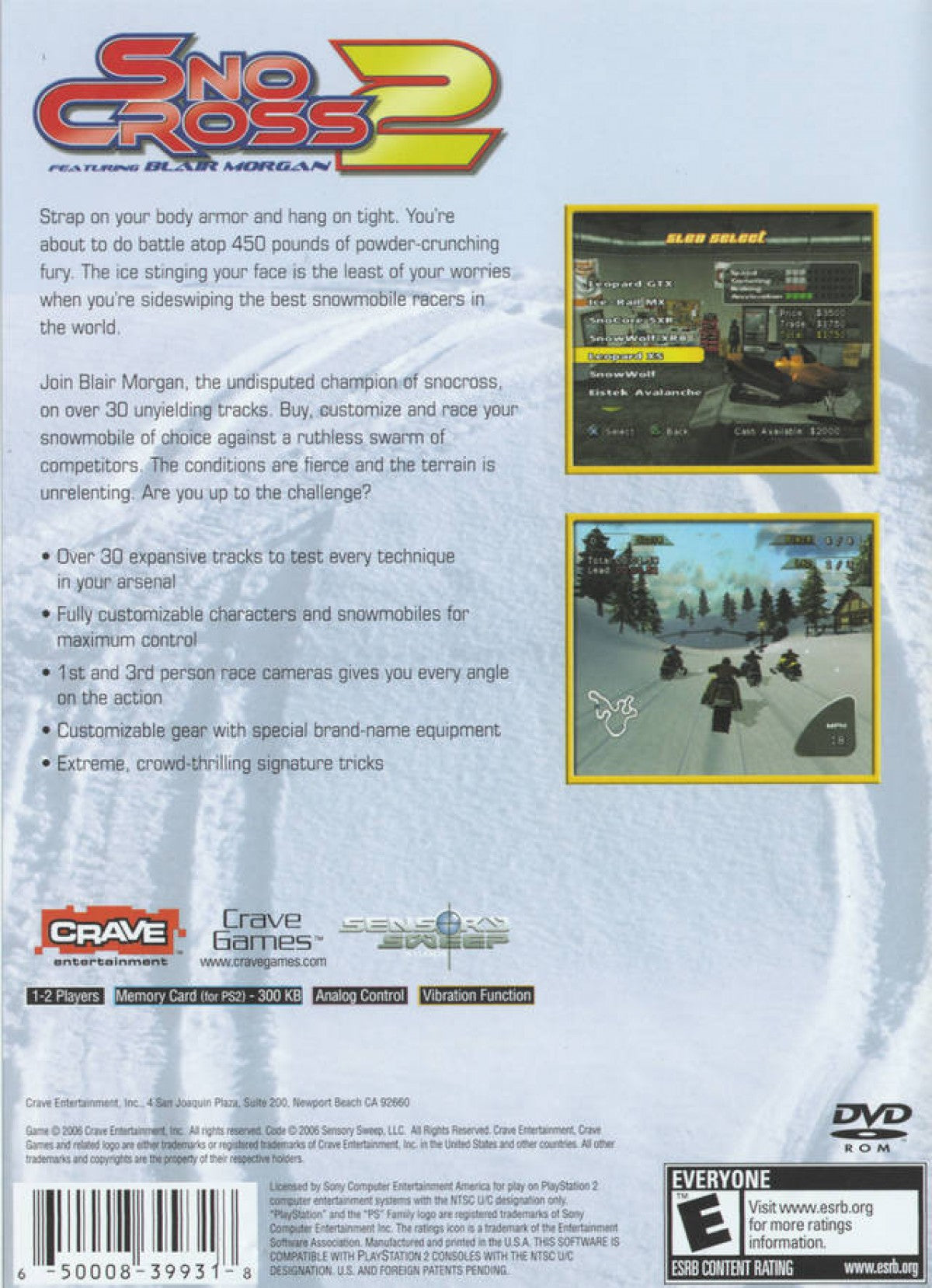 SnoCross 2 – PlayStation 2 (PS2) video game back of case, snowmobile racing game.