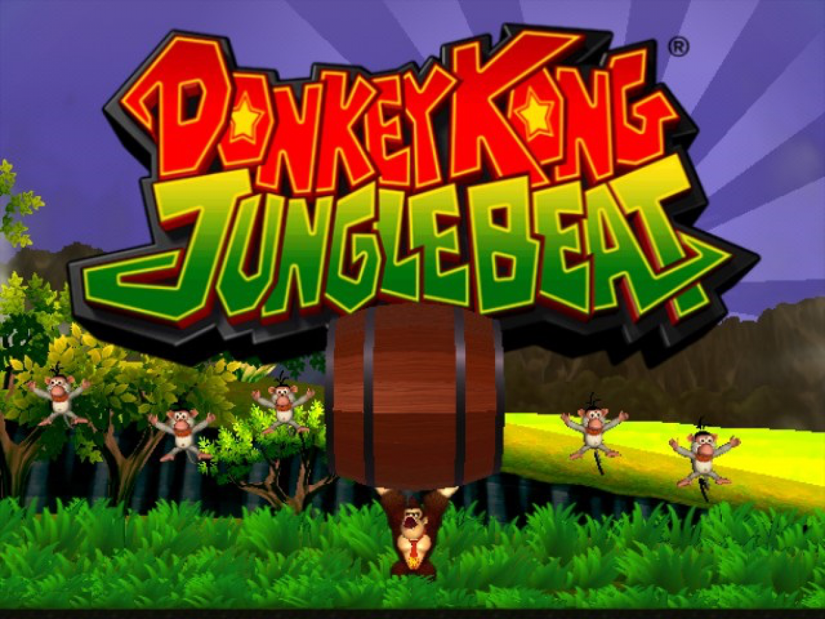 Donkey Kong Jungle Beat Nintendo GameCube DK Bongos Bundle missing original outer box side-scrolling 2.5D platformer action video game exclusive bongo drums controller peripheral unique rhythm-based platforming Nintendo EAD Tokyo developed main menu title screen