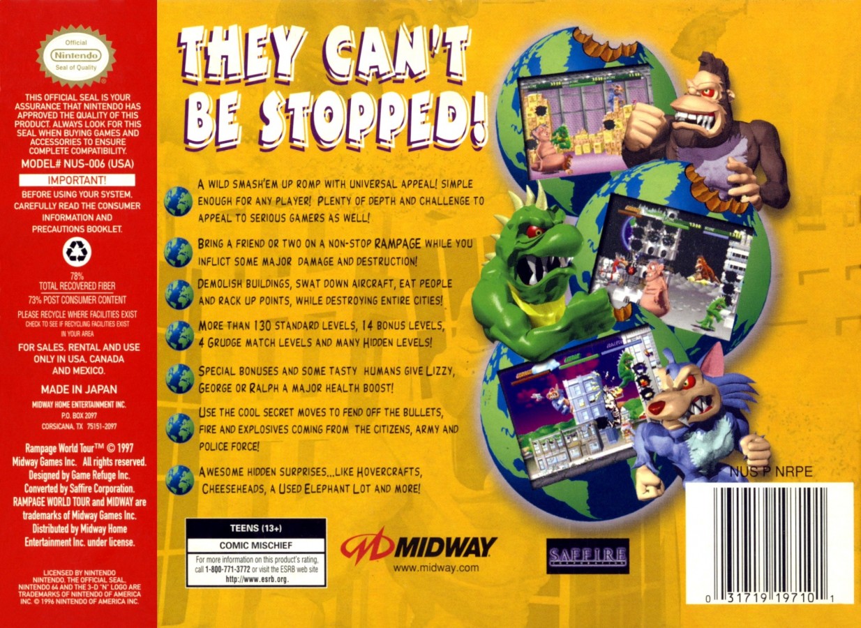Rampage World Tour cartridge for the Nintendo 64 featuring arcade style destruction gameplay with giant monsters smashing cities battling military forces and cooperative multiplayer chaos across multiple locations back cover art 