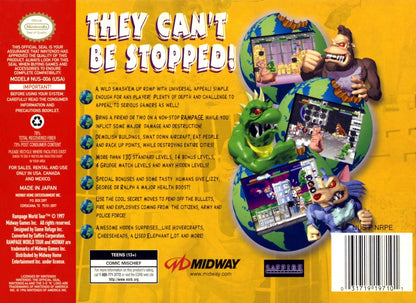 Rampage World Tour cartridge for the Nintendo 64 featuring arcade style destruction gameplay with giant monsters smashing cities battling military forces and cooperative multiplayer chaos across multiple locations back cover art 