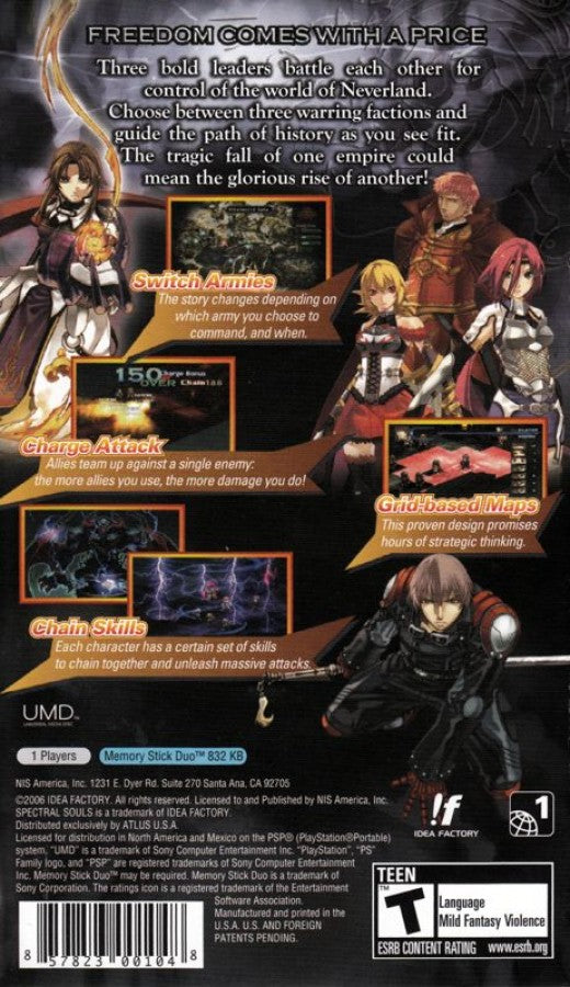 Spectral Souls Resurrection of the Ethereal Empires PlayStation Portable PSP for tactical role playing video game fans featuring turn based strategy combat grid based battles character customization fantasy storytelling multiple playable characters challenging missions and deep tactical gameplay collectible gaming appeal back cover art