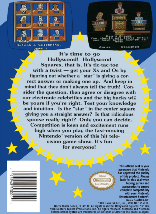 Hollywood Squares back of box for Nintendo Entertainment System (NES) retro video game