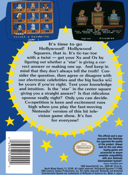 Hollywood Squares back of box for Nintendo Entertainment System (NES) retro video game