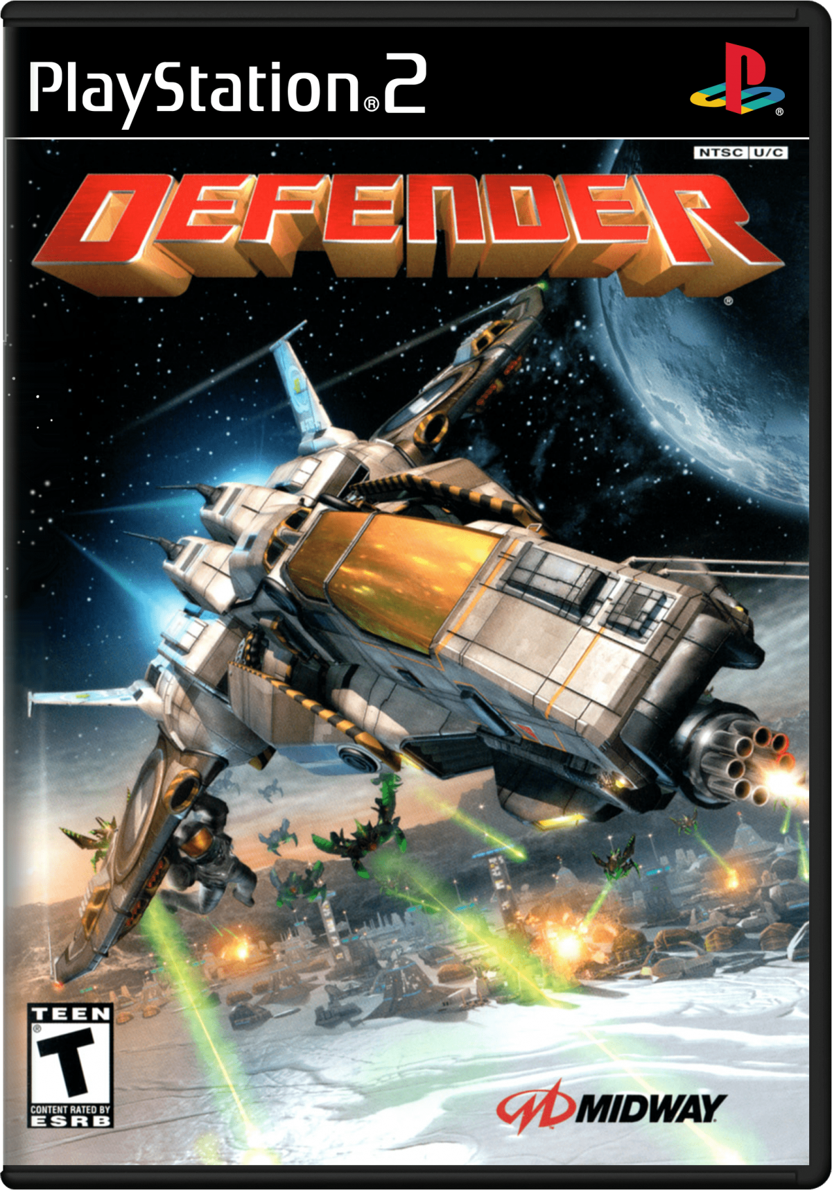 Defender PS2 Sony PlayStation 2 space shooter arcade style remake of classic Defender horizontal scrolling shoot em up alien waves fast paced action rescue humans defense gameplay retro gaming PlayStation 2 software video game title cover art