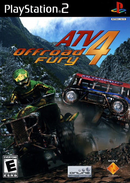 ATV Offroad Fury 4 for PlayStation 2 off road racing video game featuring expansive open environments licensed ATVs stunt challenges competitive multiplayer modes and fast paced extreme sports racing experience cover art