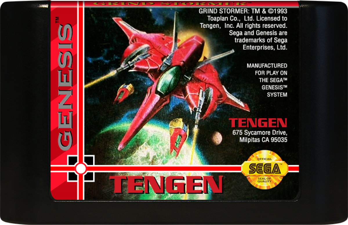 Grind Stormer Sega Genesis GEN video game featuring vertical scrolling shoot em up gameplay futuristic spaceship combat enemy waves power ups weapon upgrades challenging stages intense boss battles and classic 16 bit Sega arcade action retro video game collection collectible gaming appeal game cartridge