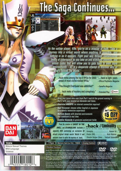.hack//Mutation for PlayStation 2 (PS2) at Gamers INC, featuring the second chapter of the epic .hack tetralogy where you continue Kite’s journey through "The World" to save his friend Orca, with enhanced real-time combat, data draining mechanics, and the included Liminality Vol. 2 DVD for an immersive multi-media RPG experience back cover