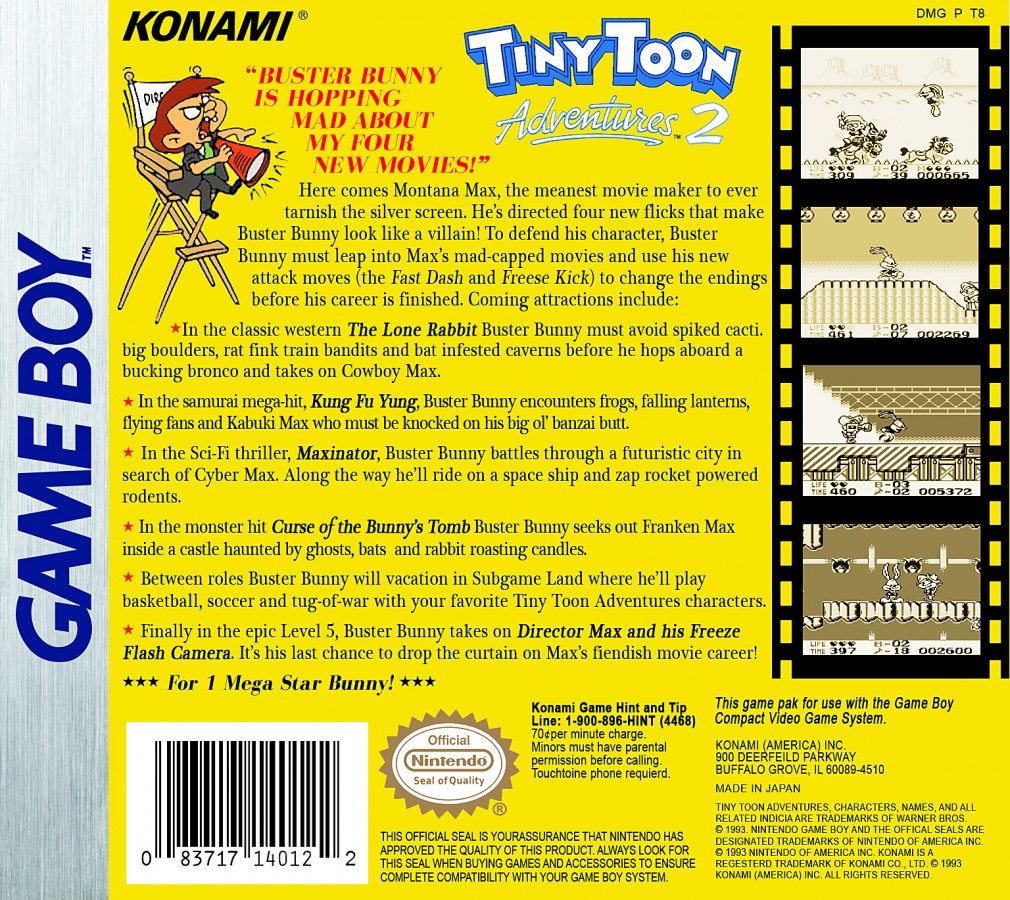 Tiny Toon Adventures 2 Montana's Movie Madness Nintendo Game Boy GB for retro video game enthusiasts featuring side scrolling action platforming gameplay Looney Tunes inspired cartoon characters colorful levels classic handheld adventure challenging platforming stages and collectible gaming appeal back cover art