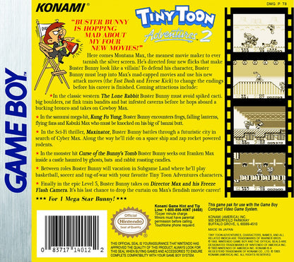 Tiny Toon Adventures 2 Montana's Movie Madness Nintendo Game Boy GB for retro video game enthusiasts featuring side scrolling action platforming gameplay Looney Tunes inspired cartoon characters colorful levels classic handheld adventure challenging platforming stages and collectible gaming appeal back cover art