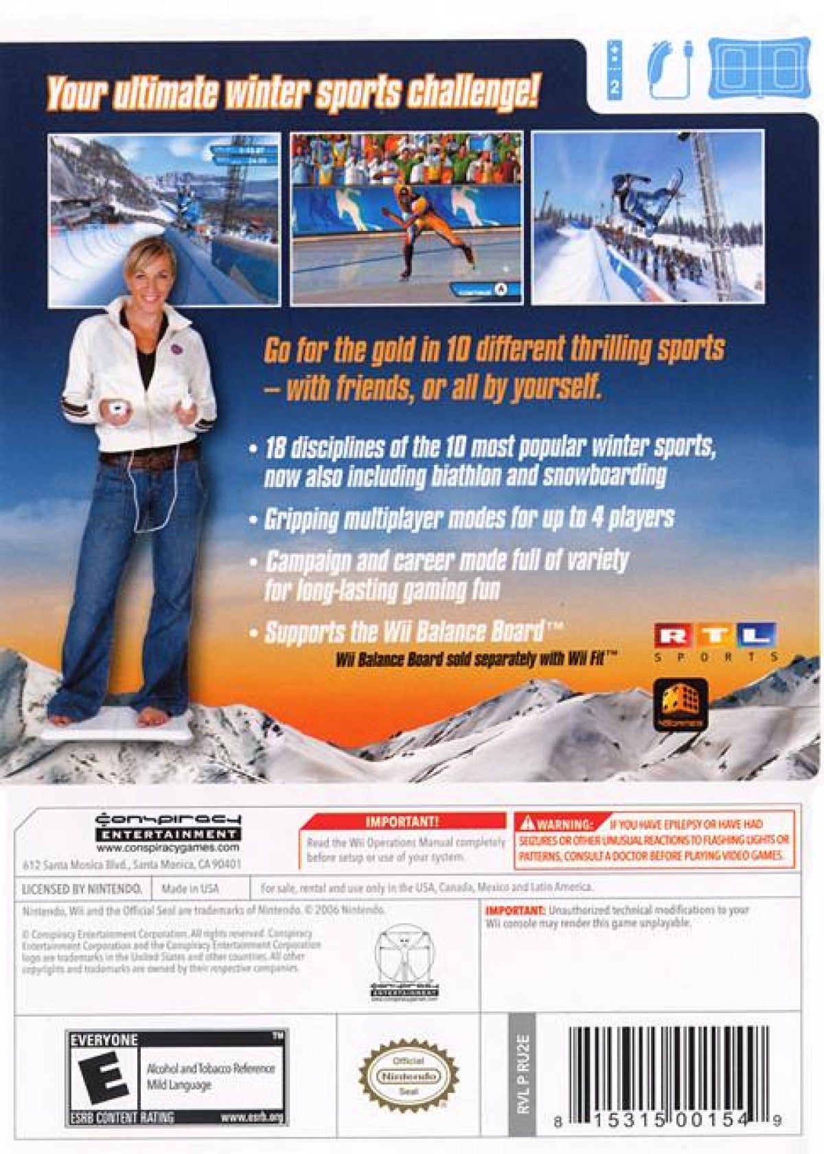 Winter Sports 2 The Next Challenge Wii inspired design featuring Olympic style winter sports competition aesthetic motion controlled gameplay skiing snowboarding bobsled and ice events competitive multiplayer action snowy athletic excitement nostalgic Nintendo Wii presentation back cover art