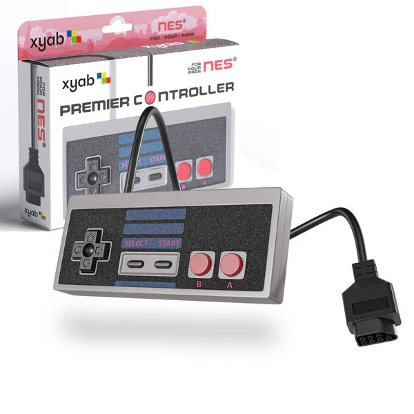 XYAB brand NES controller, compatible replacement for Nintendo Entertainment System, classic rectangular design with D-pad, A and B buttons, Start and Select buttons, and wired connection for retro gaming