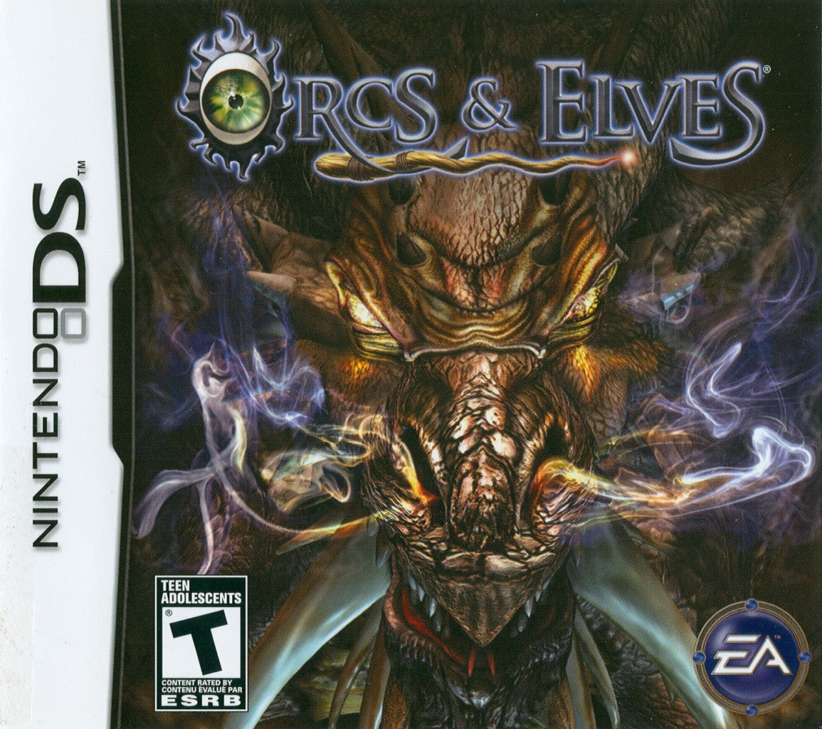 Orcs & Elves game for the Nintendo DS featuring first person dungeon crawling RPG gameplay with turn based combat fantasy environments and story driven quests as a lone hero battling monsters cover art