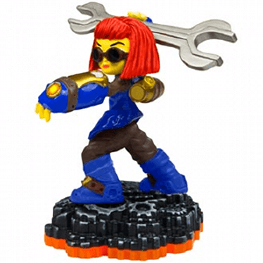 Sprocket Skylanders Giants figure, tech element engineer character with goggles, wrench and mechanical turret, posed in action stance, detailed collectible toy on portal base from Skylanders Giants series