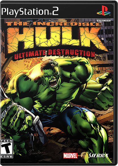 The Incredible Hulk: Ultimate Destruction – PlayStation 2 (PS2) video game cover image, open-world action superhero game.