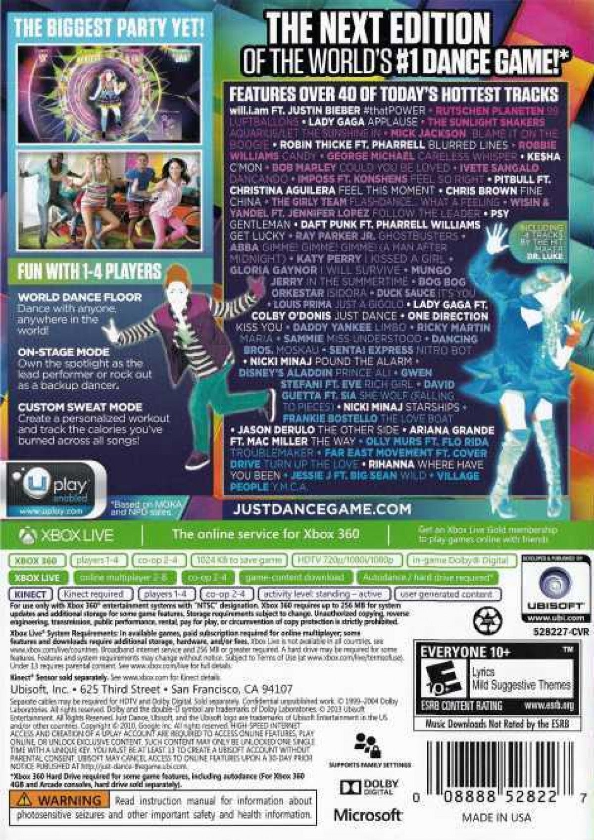 Just Dance 2014 Xbox 360 for retro video game enthusiasts featuring rhythm and dance gameplay popular music tracks motion based choreography party multiplayer modes energetic performance challenges and collectible gaming appeal back cover
