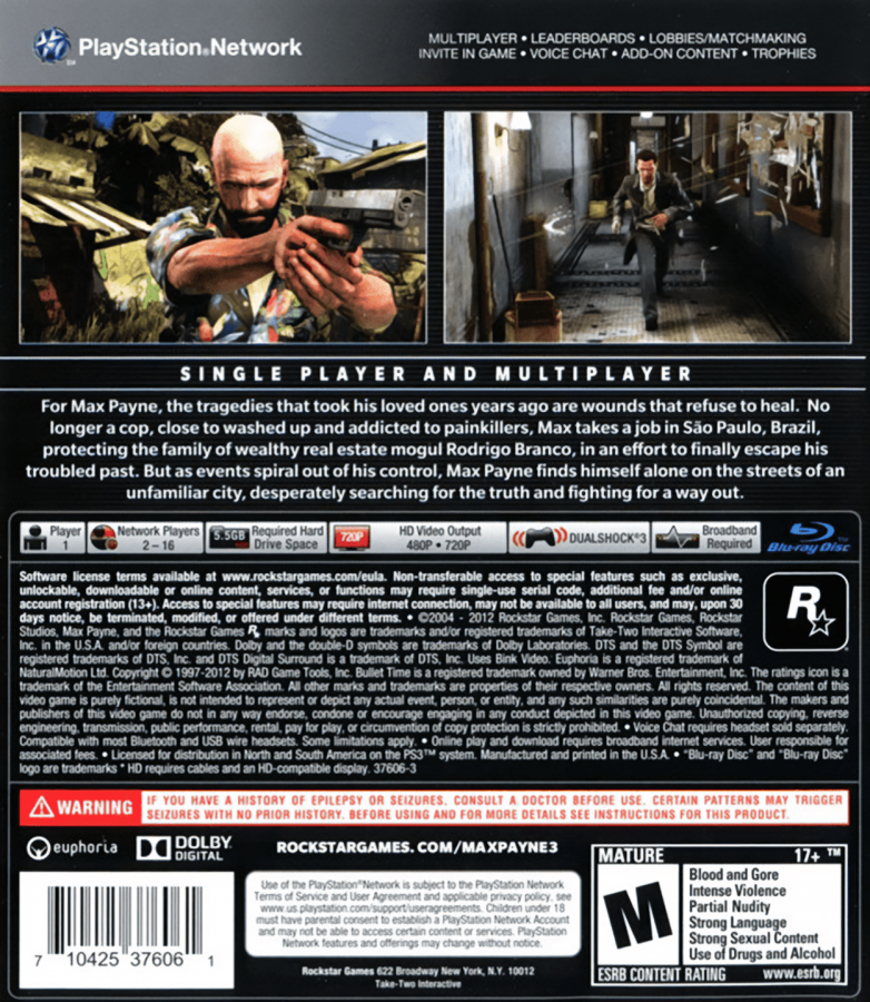 Max Payne 3 back cover art for PlayStation 3 (PS3) video game