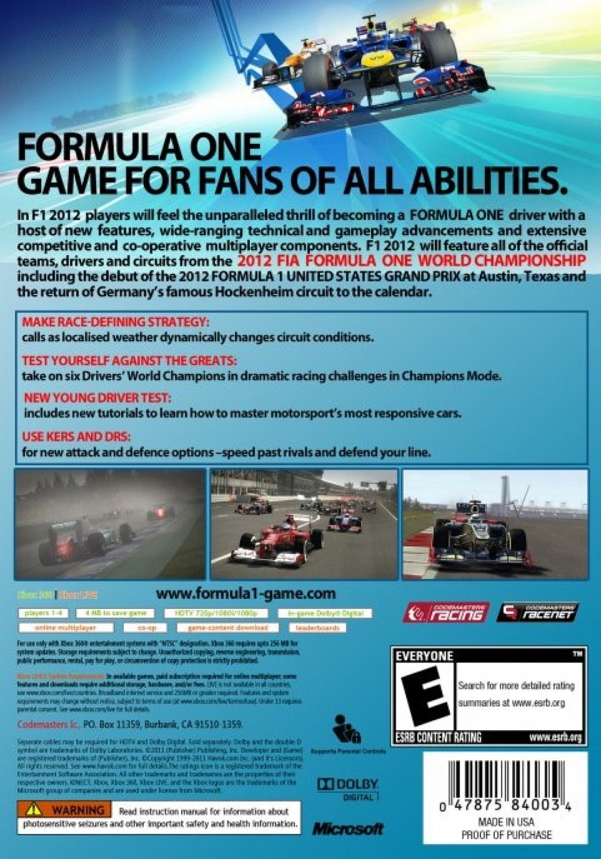 F1 2012 back cover art for XBox 360 (X360) video game
