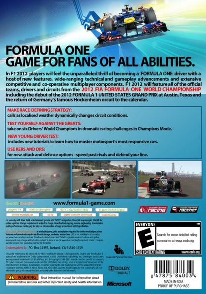 F1 2012 back cover art for XBox 360 (X360) video game