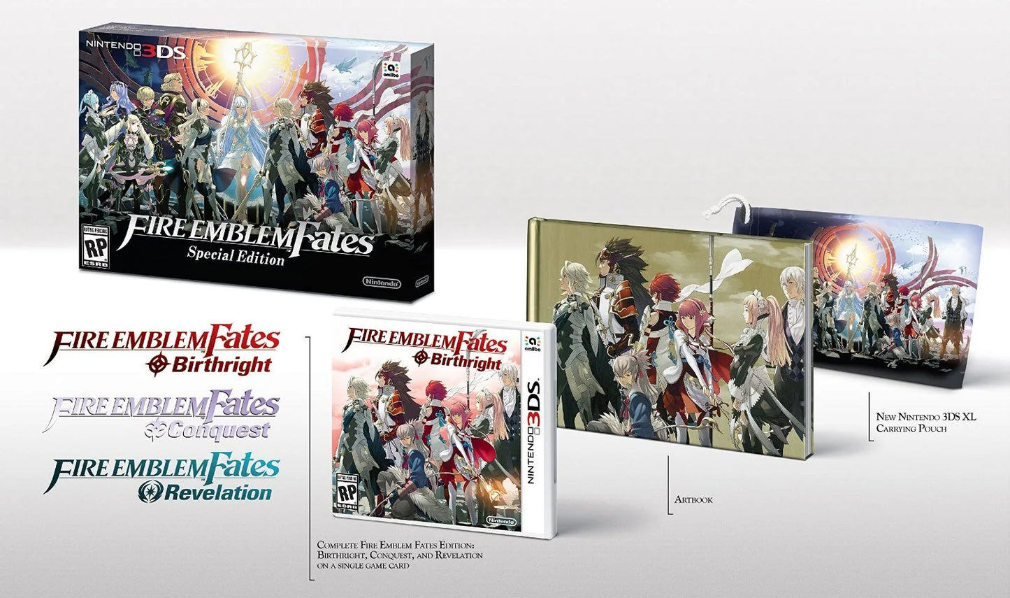 Fire Emblem Fates Special Edition special edition cartridge for the Nintendo 3DS featuring all three story paths Birthright Conquest and Revelation with tactical RPG gameplay character relationships and strategic turn based battles in a fantasy setting