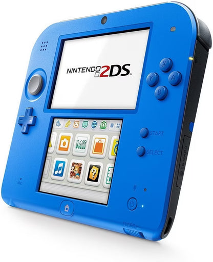 Electric Blue Nintendo 2DS console handheld gaming system blue color Nintendo 2DS hardware portable console dual screen touch screen stylus support backward compatible Nintendo DS games built in controls gaming device handheld system angled view of system