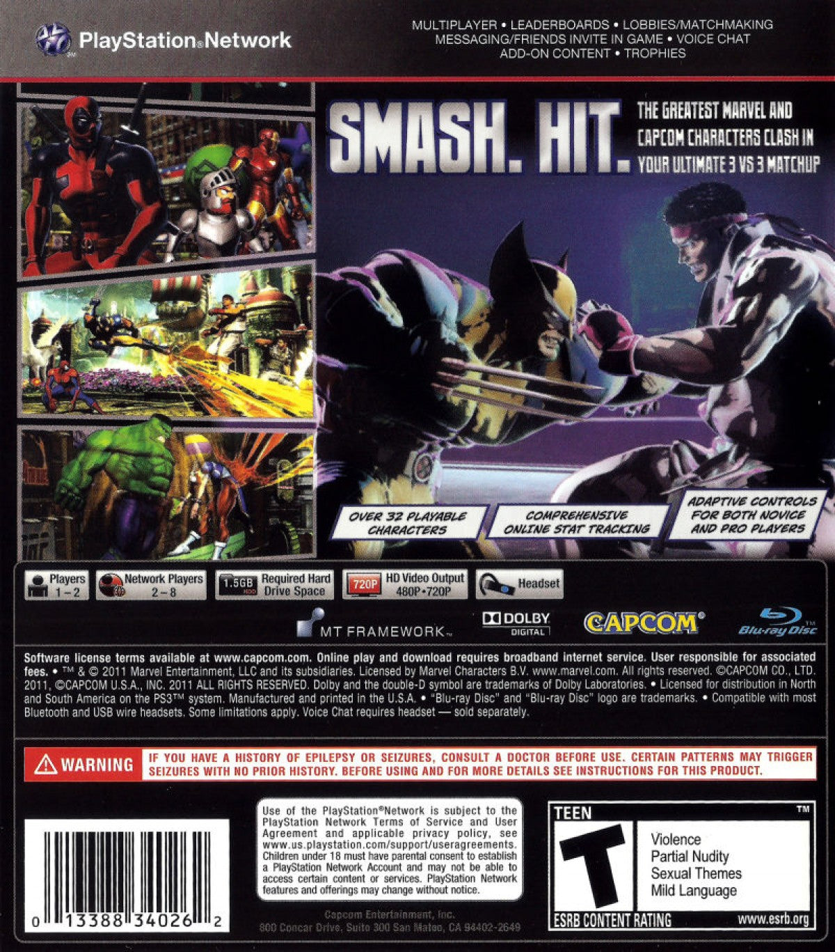 Marvel vs Capcom 3 Fate of Two Worlds PS3 game featuring fast-paced tag-team fighting action, iconic crossover characters, and competitive arcade-style battles back cover