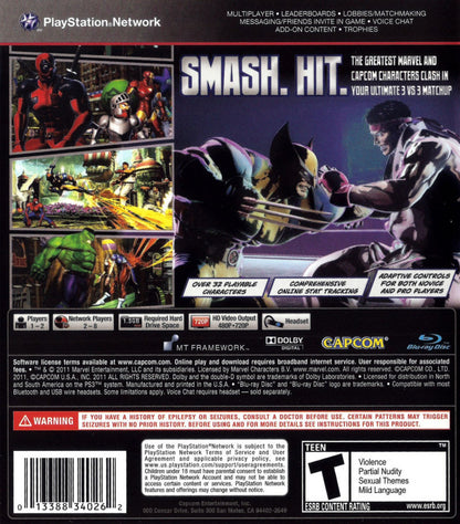 Marvel vs Capcom 3 Fate of Two Worlds PS3 game featuring fast-paced tag-team fighting action, iconic crossover characters, and competitive arcade-style battles back cover