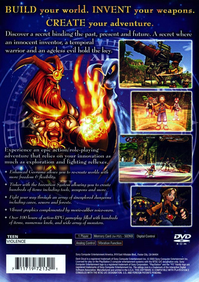 Dark Cloud 2 for PlayStation 2 action RPG adventure game featuring dungeon crawling weapon building town creation cel shaded fantasy story gameplay back cover 