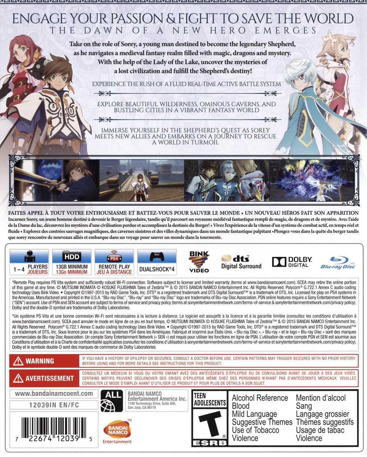 Tales of Zestiria retro PlayStation 4 video game Tales of Zestiria fantasy JRPG action combat anime adventure storytelling console title PlayStation 4 release back of case