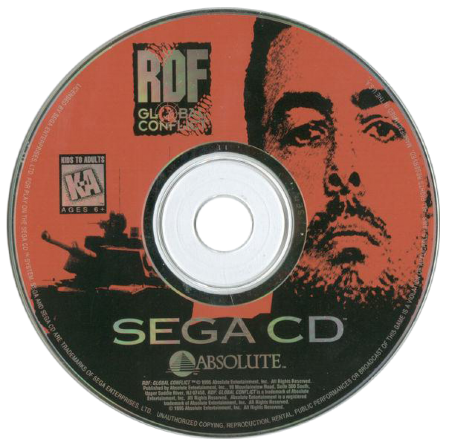 RDF Global Conflict Sega CD full motion video FMV military strategy shooter futuristic war setting live action cutscenes tactical combat missions sci fi armored vehicle gameplay interactive movie style retro gaming Sega CD software video game title disc