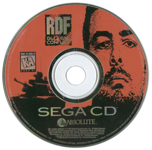 RDF Global Conflict Sega CD full motion video FMV military strategy shooter futuristic war setting live action cutscenes tactical combat missions sci fi armored vehicle gameplay interactive movie style retro gaming Sega CD software video game title disc