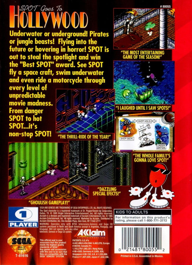Spot Goes to Hollywood Sega Genesis GEN for retro video game enthusiasts featuring isometric action adventure gameplay colorful movie themed levels puzzle solving platforming challenges quirky mascot action cooperative fun and collectible gaming appeal back cover
