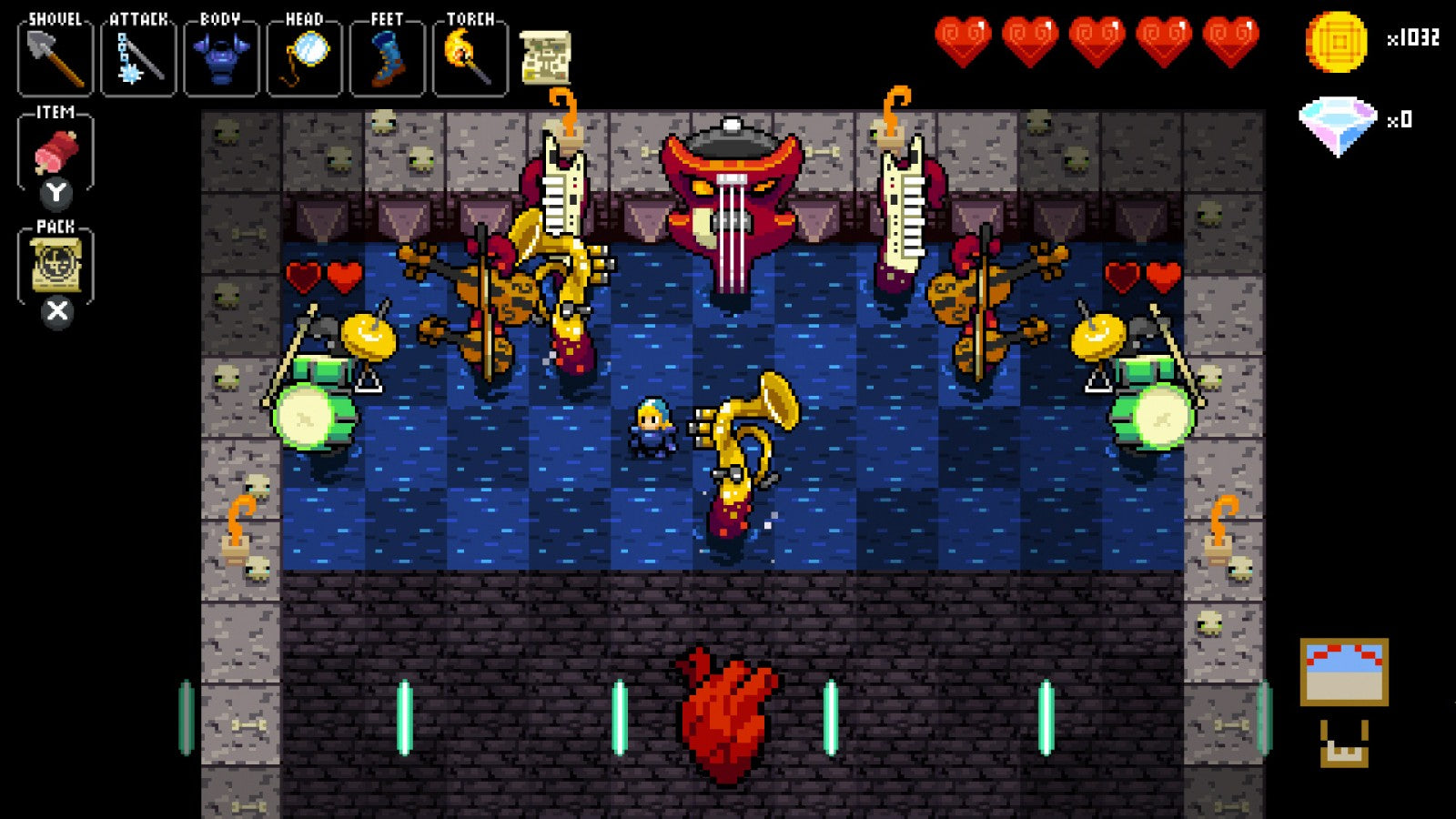 Crypt of The Necrodancer: Nintendo Switch Edition [Collector's Edition] for Nintendo Switch (NS) featuring a rhythm based roguelike dungeon crawler where every move matches the beat; includes the collector’s edition extras and delivers fast replayable runs with music driven combat and classic pixel style on Switch gameplay screenshot