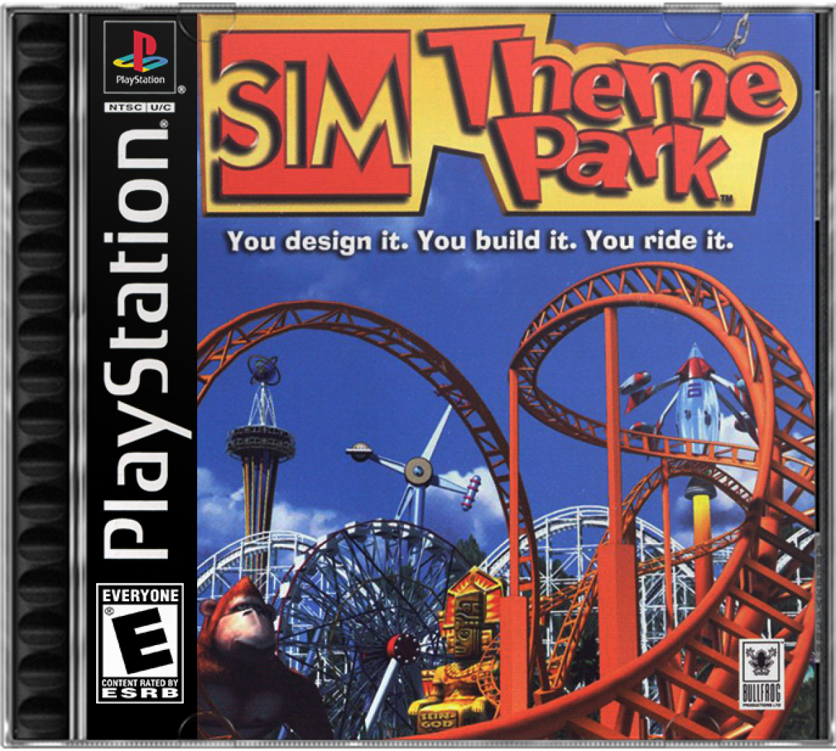 Sim Theme Park PlayStation 1 simulation video game designing and building amusement park roller coasters attractions staff management finances scenarios cover art