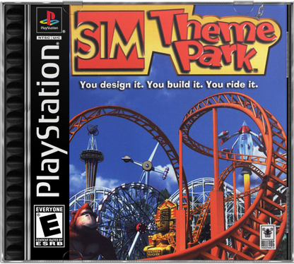 Sim Theme Park PlayStation 1 simulation video game designing and building amusement park roller coasters attractions staff management finances scenarios cover art
