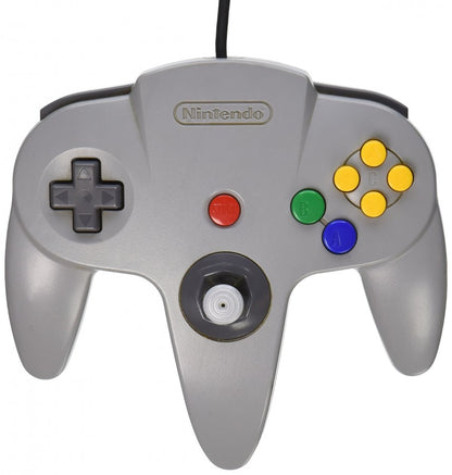Front view of original gray Nintendo 64 controller wired gaming accessory
