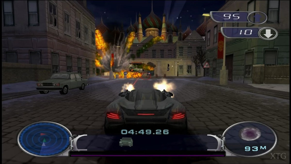 Spy Hunter 2 Xbox XBOX video game featuring vehicular combat action gameplay high speed spy car driving weapon equipped vehicles enemy pursuit missions machine guns missile attacks road combat explosive obstacles secret agent action and classic Xbox arcade driving gameplay retro video game collection collectible gaming appeal gameplay screenshot