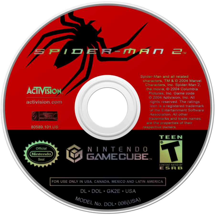 Spider-Man 2 Nintendo GameCube open-world action-adventure web-swinging combat missions based on the film Doctor Octopus villain disc art