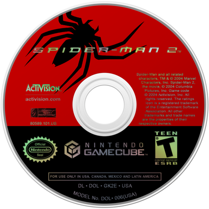 Spider-Man 2 Nintendo GameCube open-world action-adventure web-swinging combat missions based on the film Doctor Octopus villain disc art