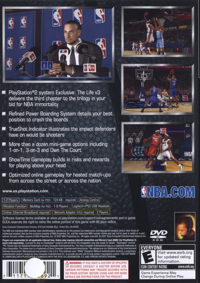 NBA 08 game for the PlayStation 2 featuring realistic basketball gameplay with NBA teams and players quick play and season modes and arcade style controls for fast paced matches back cover 