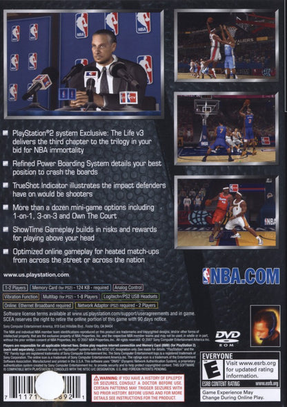 NBA 08 game for the PlayStation 2 featuring realistic basketball gameplay with NBA teams and players quick play and season modes and arcade style controls for fast paced matches back cover 
