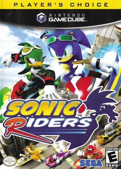 Sonic Riders Player’s Choice Nintendo GameCube for retro video game enthusiasts featuring high speed hoverboard racing gameplay competitive Sonic universe characters boost based mechanics futuristic tracks and arcade style racing action and collectible gaming appeal front cover