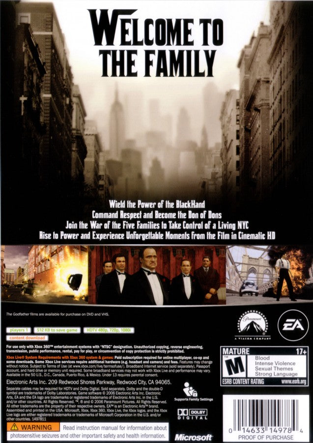 The Godfather back of case for Xbox 360 (X360) action-adventure crime video game