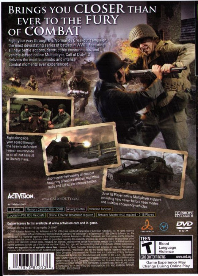 Call of Duty 3 for PlayStation 2 with World War II themed military action back cover art