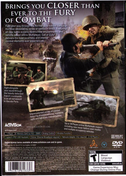 Call of Duty 3 for PlayStation 2 with World War II themed military action back cover art