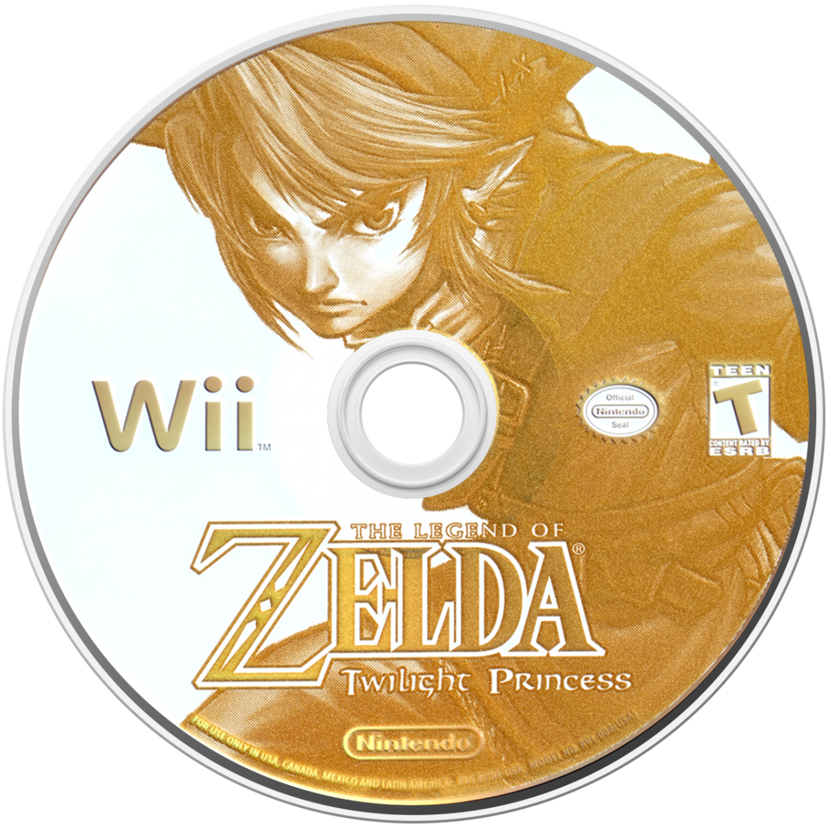 The Legend of Zelda: Twilight Princess disc art for Nintendo Wii (Wii) featuring epic action‑adventure gameplay with motion‑controlled sword combat, puzzle‑filled dungeons, and Link’s transformation into a wolf.