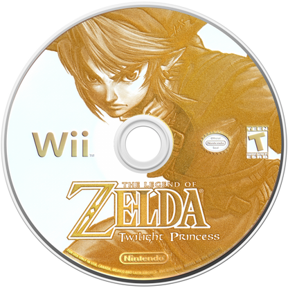 The Legend of Zelda: Twilight Princess disc art for Nintendo Wii (Wii) featuring epic action‑adventure gameplay with motion‑controlled sword combat, puzzle‑filled dungeons, and Link’s transformation into a wolf.