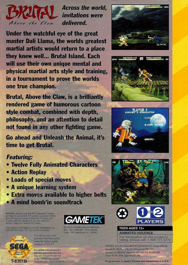 Brutal: Above the Claw back of case for Sega 32X (32X) fighting video game