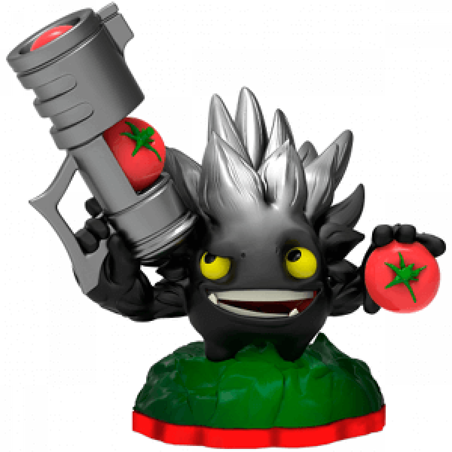 Dark Food Fight Skylanders Trap Team figure, plant element tomato warrior with dark color scheme, leafy arms and tomato blaster, posed in battle stance, detailed collectible toy on portal base from Skylanders Trap Team series