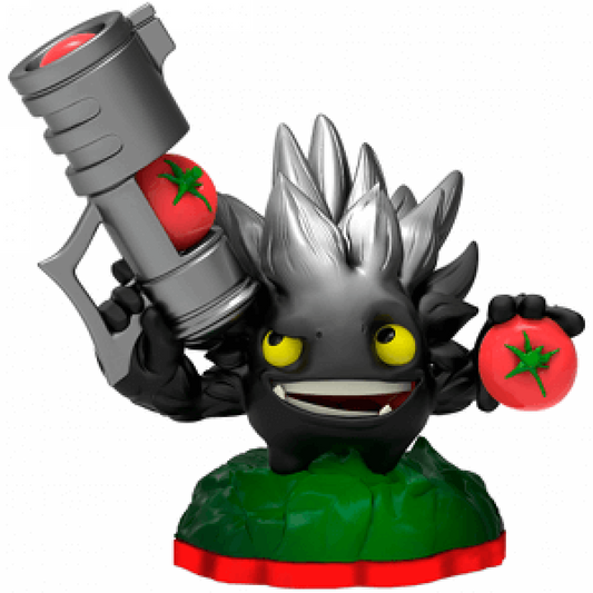 Dark Food Fight Skylanders Trap Team figure, plant element tomato warrior with dark color scheme, leafy arms and tomato blaster, posed in battle stance, detailed collectible toy on portal base from Skylanders Trap Team series