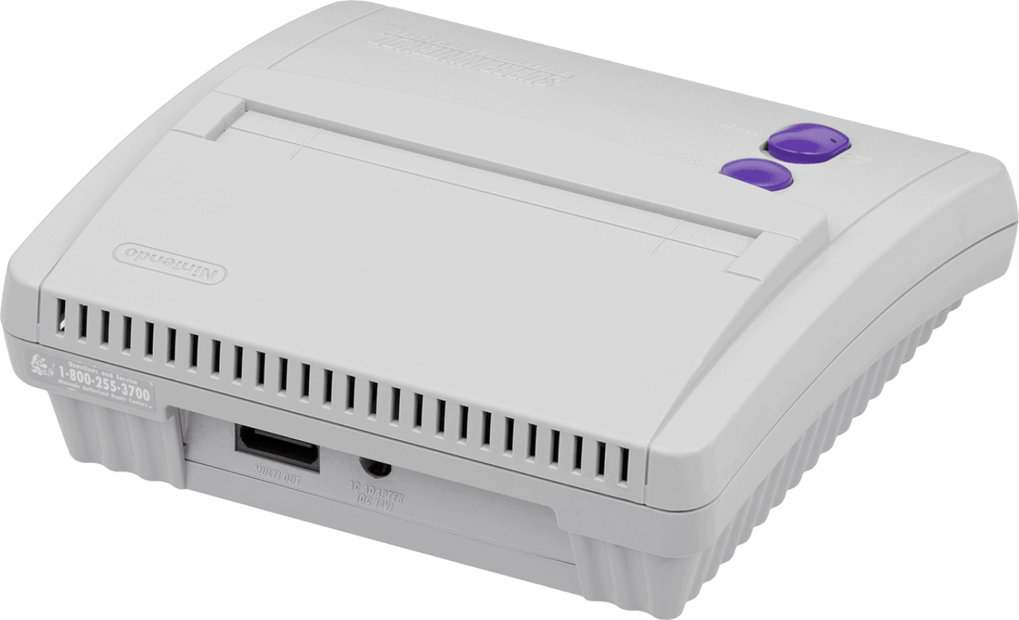 SNES Jr console inspired design featuring compact Super Nintendo entertainment system aesthetic redesigned retro gaming hardware streamlined console body classic 16 bit gaming nostalgia iconic Nintendo home console presentation angle back